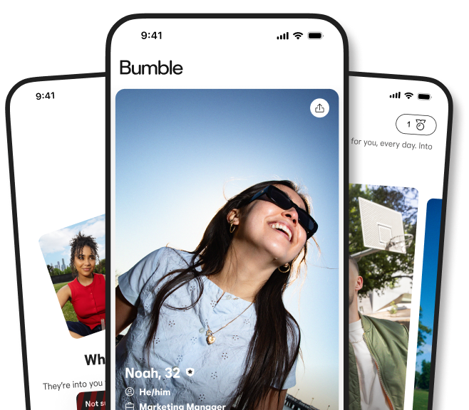 Three mobile phone screens showing the Bumble app